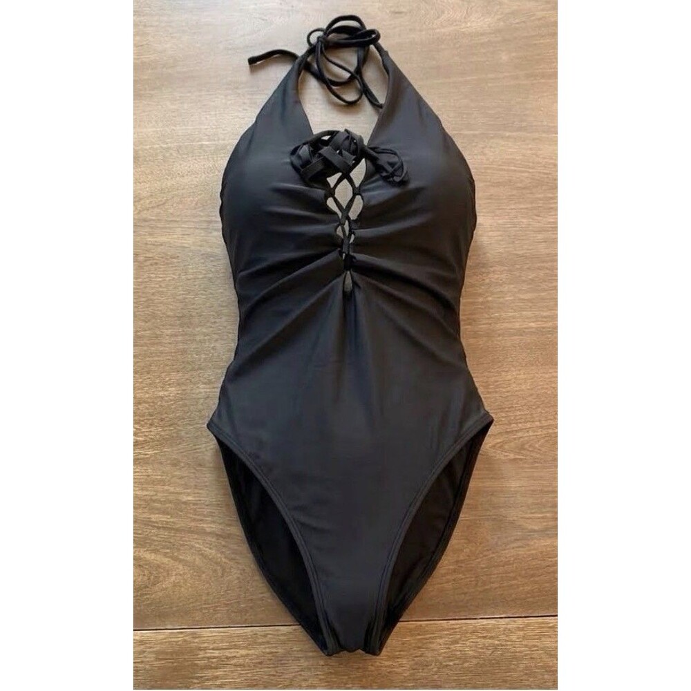 aerie Black Halter One-Piece Swimsuit with Lace-Up Front